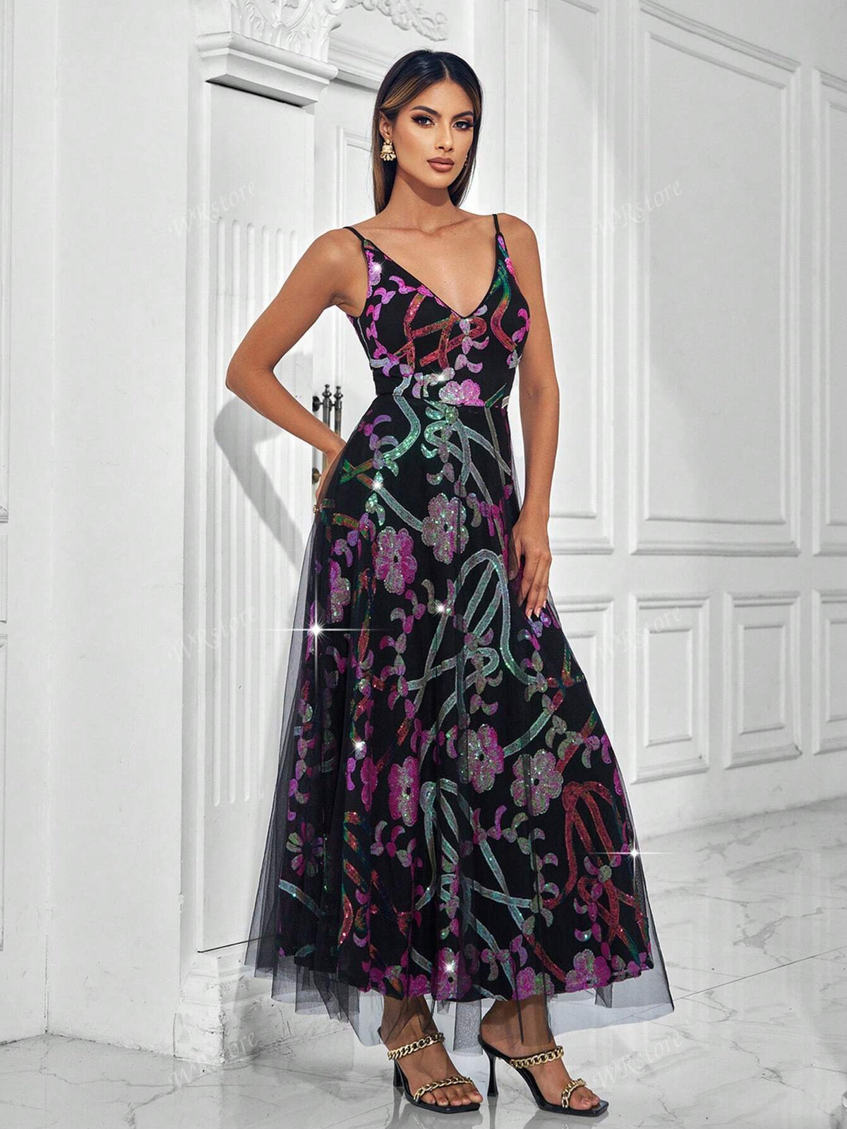 V-Neck Sequins Patchwork Backless Sleeveless Women Cocktail Dress (Heavy Embellished)