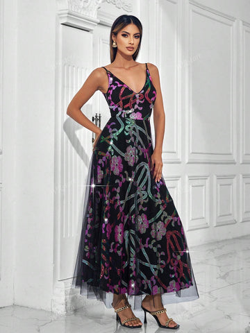 V-Neck Sequins Patchwork Backless Sleeveless Women Cocktail Dress (Heavy Embellished)