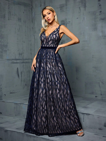 V-Neck Sexy Embroidered Lace Contrast Color Maxi Dress With Flared Hem