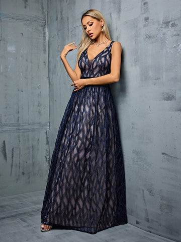 V-Neck Sexy Embroidered Lace Contrast Color Maxi Dress With Flared Hem