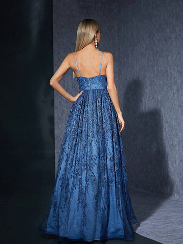 V-Neck Sexy Embroidery Lace Swing Maxi Dress With Spaghetti Straps