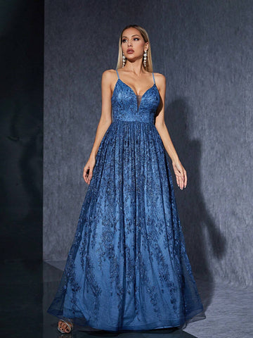 V-Neck Sexy Embroidery Lace Swing Maxi Dress With Spaghetti Straps