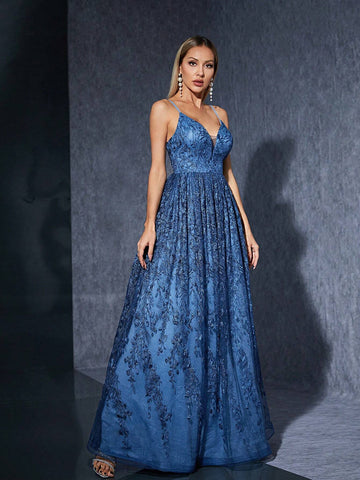 V-Neck Sexy Embroidery Lace Swing Maxi Dress With Spaghetti Straps