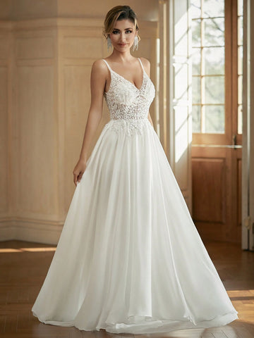 V-Neck Sheer Wedding Dress With Embroidered Corset