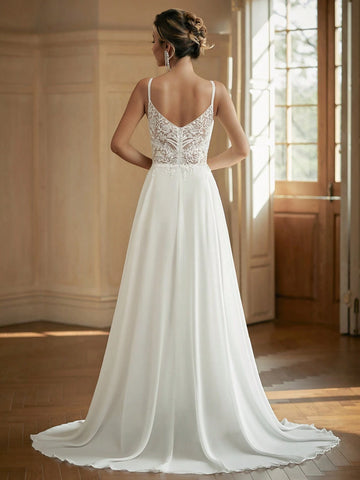 V-Neck Sheer Wedding Dress With Embroidered Corset