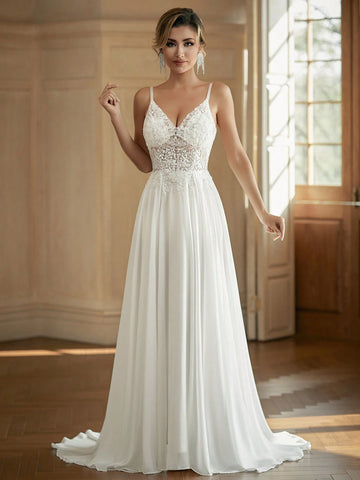 V-Neck Sheer Wedding Dress With Embroidered Corset