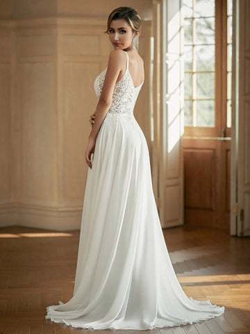 V-Neck Sheer Wedding Dress With Embroidered Corset