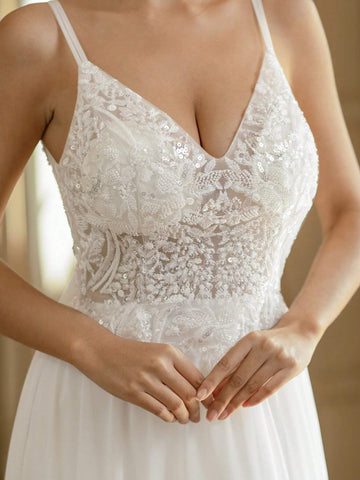 V-Neck Sheer Wedding Dress With Embroidered Corset