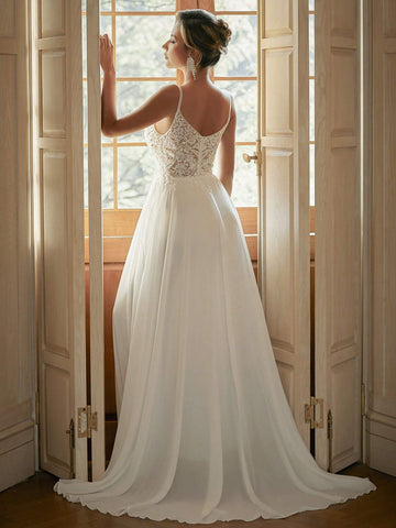 V-Neck Sheer Wedding Dress With Embroidered Corset