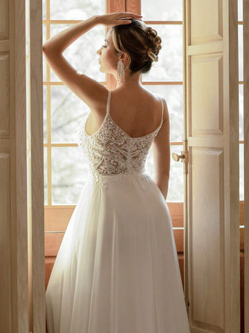 V-Neck Sheer Wedding Dress With Embroidered Corset
