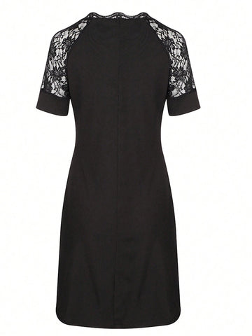 V-Neck Short Sleeve Lace Patchwork Dress With Button Decor