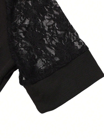 V-Neck Short Sleeve Lace Patchwork Dress With Button Decor