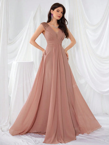 V-Neck Shoulder Design Sequined Chiffon Pleated Elegant And Simple Maxi Formal Dress