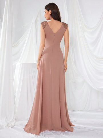 V-Neck Shoulder Design Sequined Chiffon Pleated Elegant And Simple Maxi Formal Dress