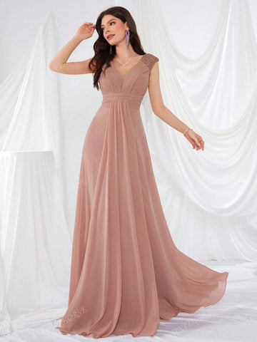 V-Neck Shoulder Design Sequined Chiffon Pleated Elegant And Simple Maxi Formal Dress