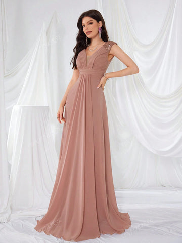 V-Neck Shoulder Design Sequined Chiffon Pleated Elegant And Simple Maxi Formal Dress