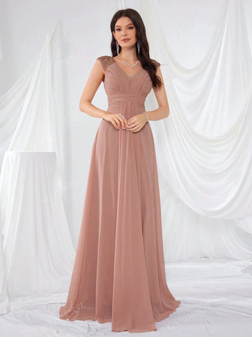 V-Neck Shoulder Design Sequined Chiffon Pleated Elegant And Simple Maxi Formal Dress