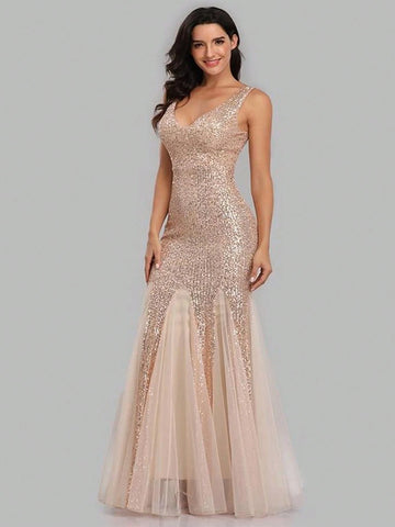 V-Neck Sleeveless Floor-Length Sequined Bridesmaid Evening Dress