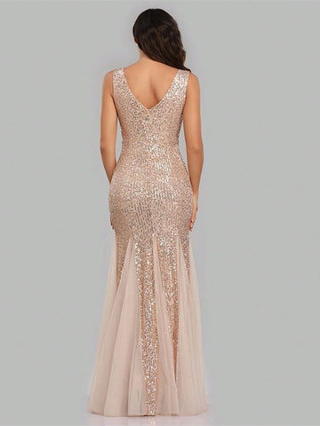 V-Neck Sleeveless Floor-Length Sequined Bridesmaid Evening Dress
