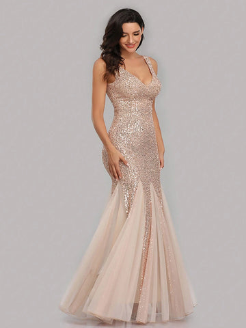 V-Neck Sleeveless Floor-Length Sequined Bridesmaid Evening Dress