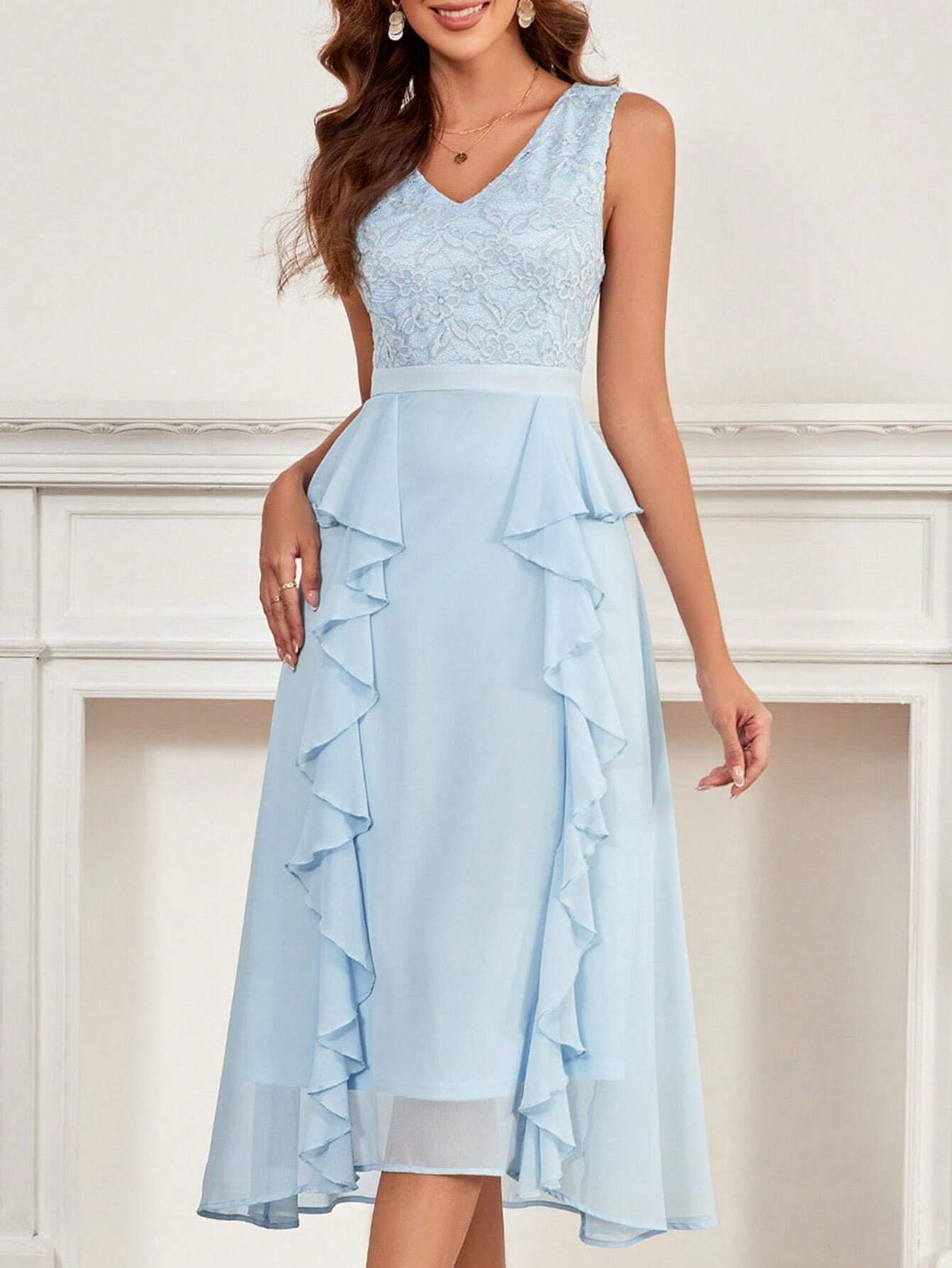 V-Neck Sleeveless Pure Color Lace Splice Chiffon Ruffle Hem Formal Dress