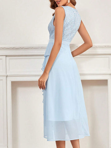 V-Neck Sleeveless Pure Color Lace Splice Chiffon Ruffle Hem Formal Dress