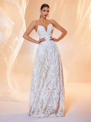 V-Neck Sleeveless Sequin Decorated Floor-Length Wedding Dress, (Front Bodice, Randomly Patterned Back)