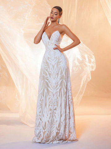 V-Neck Sleeveless Sequin Decorated Floor-Length Wedding Dress, (Front Bodice, Randomly Patterned Back)