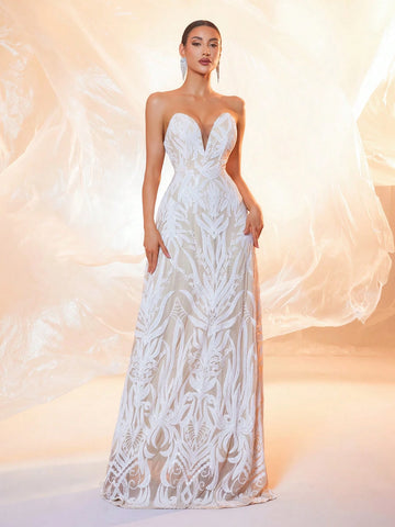V-Neck Sleeveless Sequin Decorated Floor-Length Wedding Dress, (Front Bodice, Randomly Patterned Back)
