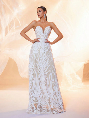 V-Neck Sleeveless Sequin Decorated Floor-Length Wedding Dress, (Front Bodice, Randomly Patterned Back)