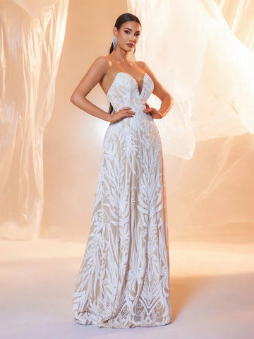 V-Neck Sleeveless Sequin Decorated Floor-Length Wedding Dress, (Front Bodice, Randomly Patterned Back)