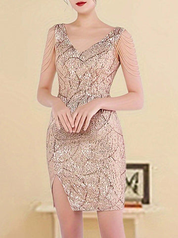 V-Neck Sleeveless Short Embellished Fringed Bodycon Dress With Split Hem