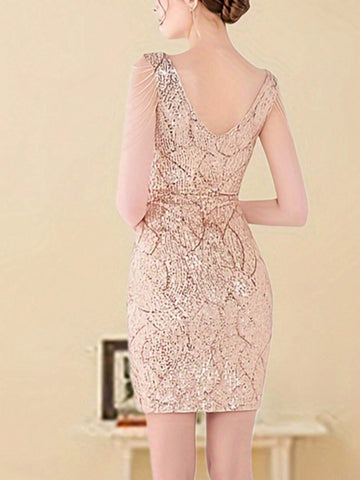 V-Neck Sleeveless Short Embellished Fringed Bodycon Dress With Split Hem