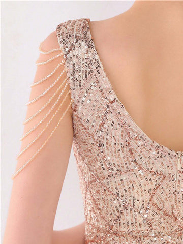 V-Neck Sleeveless Short Embellished Fringed Bodycon Dress With Split Hem