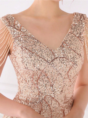 V-Neck Sleeveless Short Embellished Fringed Bodycon Dress With Split Hem