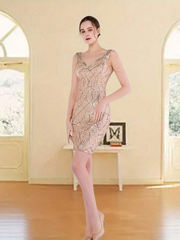 V-Neck Sleeveless Short Embellished Fringed Bodycon Dress With Split Hem