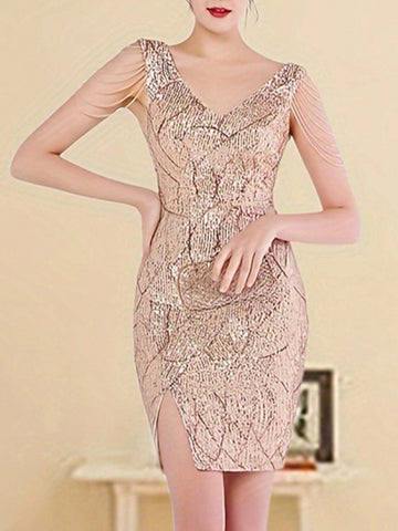 V-Neck Sleeveless Short Embellished Fringed Bodycon Dress With Split Hem