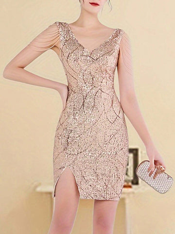 V-Neck Sleeveless Short Embellished Fringed Bodycon Dress With Split Hem