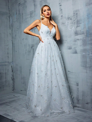 V-Neck Spaghetti Strap Butterfly Embroidery Tulle A-Line Wedding Dress