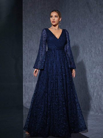 V-Neck Embroidered Mesh Trumpet Sleeve Floor-Length High-End Bridesmaid Evening Dress