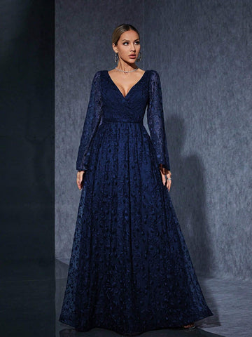 V-Neck Embroidered Mesh Trumpet Sleeve Floor-Length High-End Bridesmaid Evening Dress