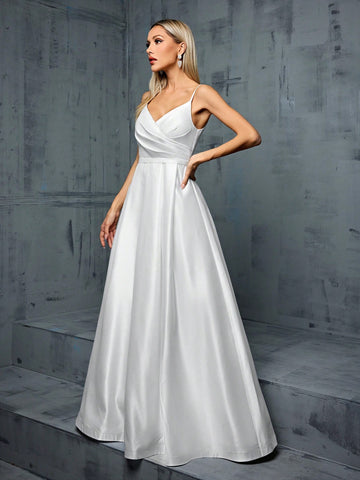 V-Neck Spaghetti Strap Irregular Cross-Folded Satin A-Line Bridal Gown With Pleated Hem