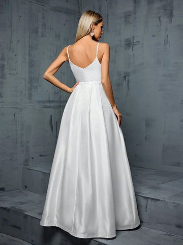 V-Neck Spaghetti Strap Irregular Cross-Folded Satin A-Line Bridal Gown With Pleated Hem