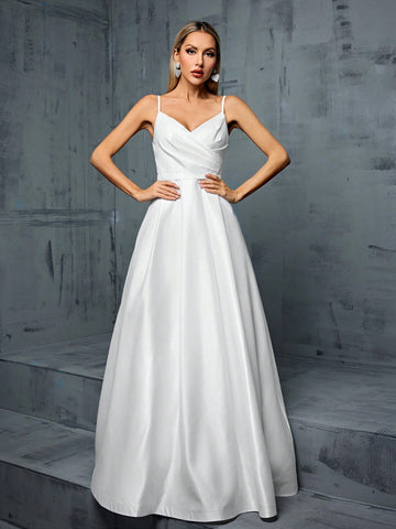 V-Neck Spaghetti Strap Irregular Cross-Folded Satin A-Line Bridal Gown With Pleated Hem