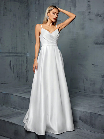 V-Neck Spaghetti Strap Irregular Cross-Folded Satin A-Line Bridal Gown With Pleated Hem