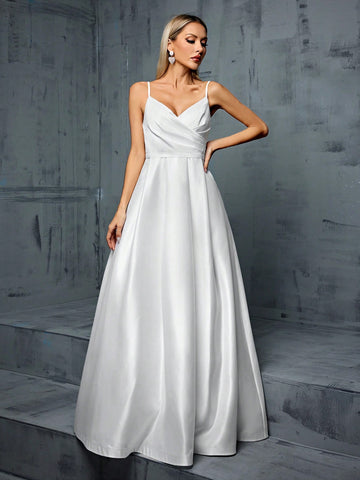 V-Neck Spaghetti Strap Irregular Cross-Folded Satin A-Line Bridal Gown With Pleated Hem