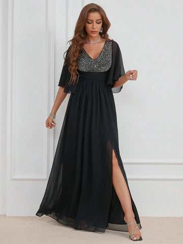 V-Neck Sparkle Sequin Splicing Slit Bridesmaid Maxi Dress