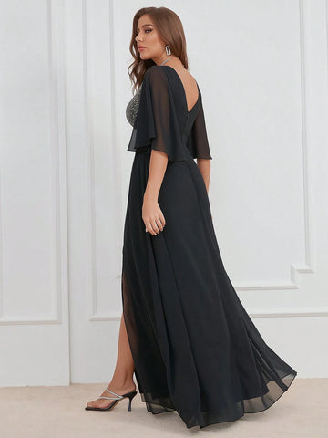V-Neck Sparkle Sequin Splicing Slit Bridesmaid Maxi Dress