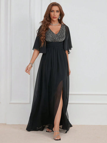 V-Neck Sparkle Sequin Splicing Slit Bridesmaid Maxi Dress
