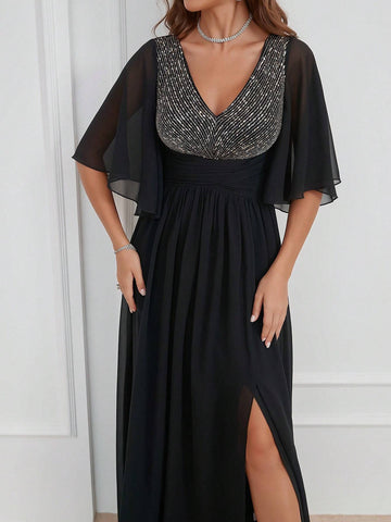 V-Neck Sparkle Sequin Splicing Slit Bridesmaid Maxi Dress